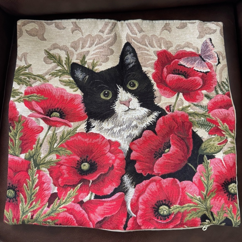 Black Cat & Poppies Jaquard Textile Throw Pillow Cover Case - Picture 2 of 7